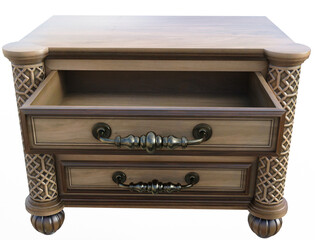 Illustration of an ornate carved wooden jewelry chest with an open drawer