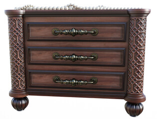 3d Illustration of a classic wooden jewelry chest with a string of pearls lying on the top