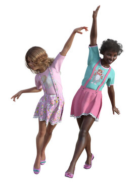 Two young girls dressed in pink outfits posing happily