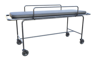 3d Illustration of a hospital stretcher with wheels and a steel frame.