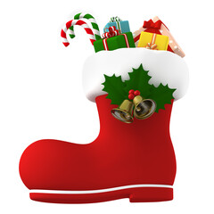 Santa Claus's boot stuffed with presents on transparent background. 3D illustration