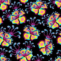 Seamless floral pattern, vector, hand drawn. Out of this world botanicals, colourful flowers, black background.