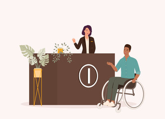Smiling Female Receptionist And Disabled Black Man With Wheelchair At Information Counter. Full Length. Flat Design Style, Character, Cartoon.