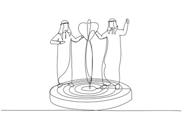 Illustration of arab business man in a business suit with a dart in his hand.  Concept for achieving goal. Single line art style