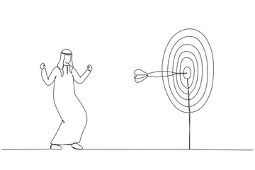 Drawing of arab businessman hitting the center of target. Concept for business idea. Single continuous line art style