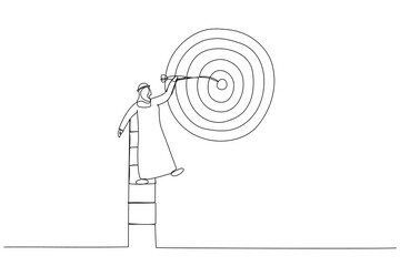 Illustration of arab businessman climb up ladder high into the sky to aiming for perfect bullseye target dartboard. Metaphor for aspiration to achieve target, business goal. Single continuous line art