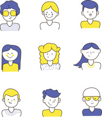 Flat line icons set of people stylish avatars for profile page, social network, social media, different age man and woman characters, professional human occupation.