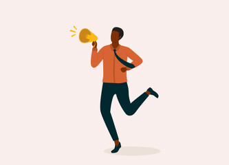 One Black Businessman Holding Up A Speaker While Running. Full Length. Flat Design Style, Character, Cartoon. 