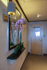 Entry hallway corridor living room of suite stateroom cabin with mirror, lights, cupboards,...