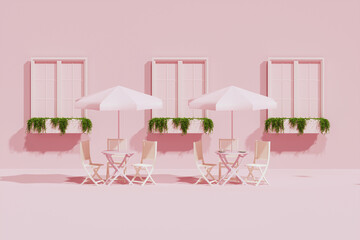 Exterior of outdoor cafe with pastel pink color. The shop has blank sign, table and chairs, coffee street cart. Coffee shop, front of classical style commercial.  3D render for creative social media.