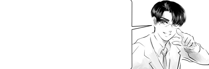 イケメン黒髪メガネ先生が指差し決めポーズする白黒漫画イラストと吹き出しワイドサイズ