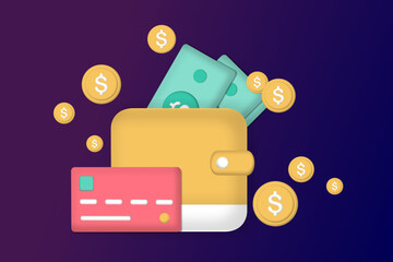 3D bill payment with credit card for online shopping. Concept of payment processing, financial transactions, transfer, bank card, e-wallet for buying process, monetary currencies. Vector illustration.