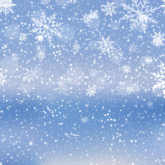 Winter snowfall and snowflakes on light blue background. Xmas and New Year background. Vector