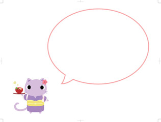 お雑煮を持つ着物姿のネコ　吹き出し付
