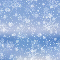 Winter snowfall and snowflakes on light blue background. Xmas and New Year background. Vector