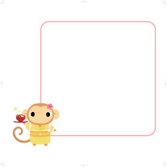 お雑煮を持つ着物姿のサル　フレーム付