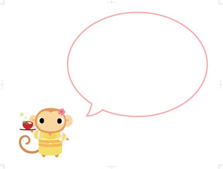 お雑煮を持つ着物姿のサル　吹き出し付