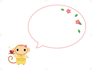 お雑煮を持つ着物姿のサル　吹き出し＋花の装飾付