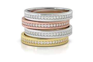 Jewelry wedding bands diamonds rings white gold 3D rendering