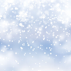Winter snowfall and snowflakes on light blue background. Xmas and New Year background. Vector