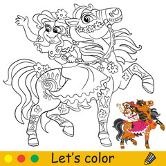 Halloween mexican girl on a horse skeleton coloring with template