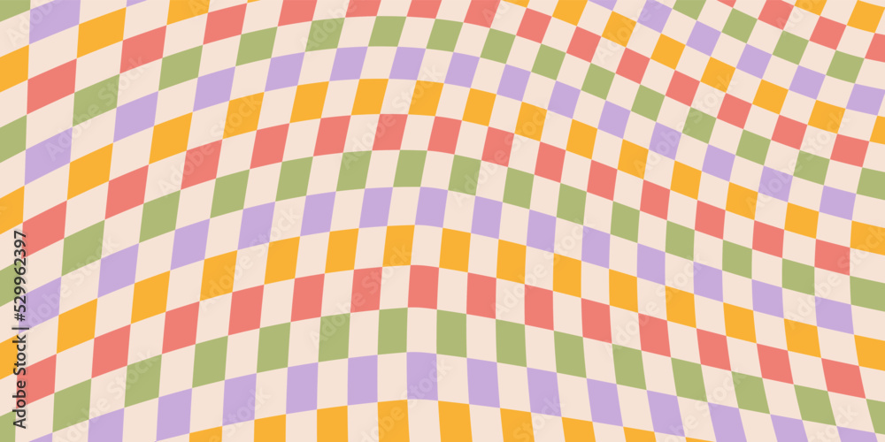 Poster Wavy checkered horizontal background. Abstract vector pattern in style 60s, 70s. Retro wavy psychedelic checkerboard. Pastel colors
