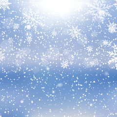 Fototapeta premium Winter snowfall and snowflakes on light blue background. Xmas and New Year background. Vector