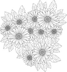 black and white chrysanthemum flower line art, hand drawn pencil sketch vector outline illustration, bouquet of floral leaf natural collection isolated coloring book for adult. 