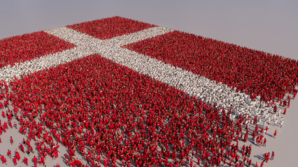 A Crowd of People coming together to form the Flag of Denmark. Danish Banner on White.