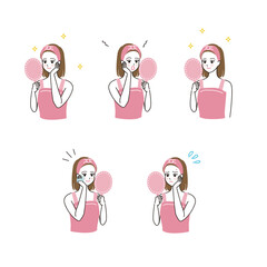 スキンケアをする女性のベクターイラストのセット