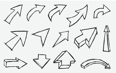 set of Arrows hand drawn doodle vector set, Scribble Sketch arrow design for an application, banner, print screen, pen marks, isolated on white background