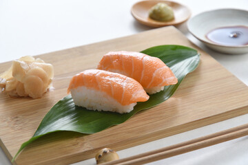 Salmon Sushi Nigiri on wood plate-Japanese Food