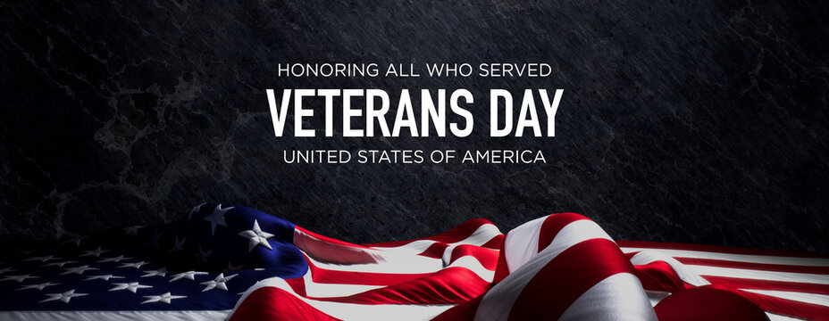 Veterans Day Banner with United States Flag and Black Stone Background.