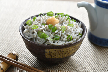 Japanese Food, Shirasu-don (rice topped with small sardines, graded ginger and green onion), Whitebait rice bowl.