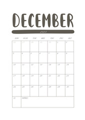 Vector Calendar for December 2023. Week Starts Sunday. Stationery Design for Printable.