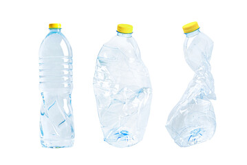 Plastic water bottle with empty crumpled used isolated on white background, reuse, recycle, pollution, environment, ecology, waste concept.