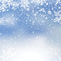 Winter snowfall and snowflakes on light blue background. Xmas and New Year background. Vector