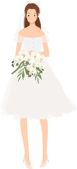 beautiful young bride in white wedding dress with Phalaenopsis orchid flower bouquet flat style cartoon