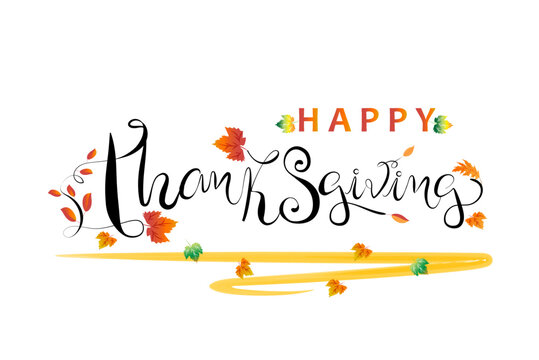 Happy Thanksgiving card lettering words hand made with fall leaves graphic illustration image greetings card for holidays