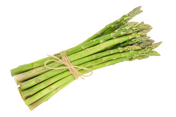 Close-up of a fresh raw asparagus bunch tied with a burlap twine isolated on a transparent background.