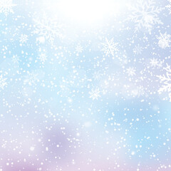 Fototapeta na wymiar Winter snowfall and snowflakes on light blue background. Xmas and New Year background. Vector