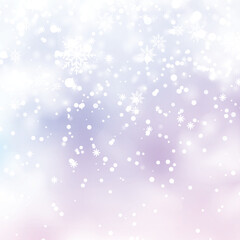 Winter snowfall and snowflakes on light blue background. Xmas and New Year background. Vector