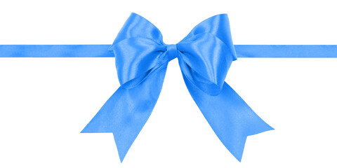 Shiny blue satin ribbon with bow isolated on a transparent background.