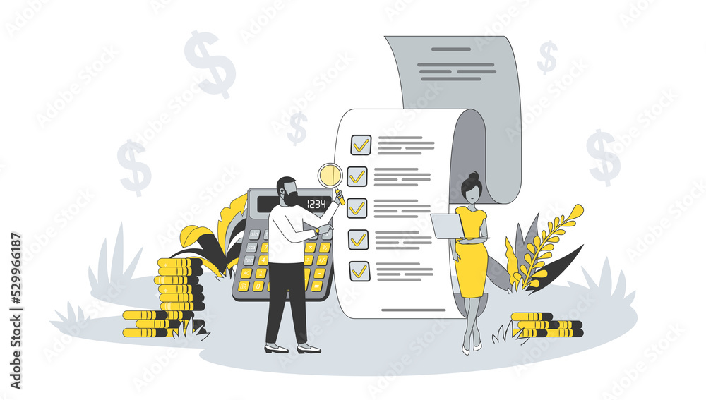 Fototapete Accounting concept in flat design with people. Man and woman calculating financial data, analyzing and manage balance, consulting and auditing. Illustration with character scene for web banner