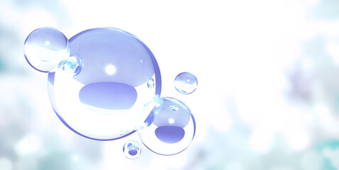 Blurred background of light blue color with five clear glass balls. Horizontal banner with empty glass ball of blue color