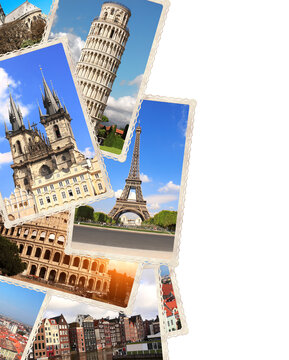 Vintage photos of european landmarks. Eiffel tower in Paris, Leaning Tower of Pisa, Colosseum in Rome, old houses in Amsterdam
