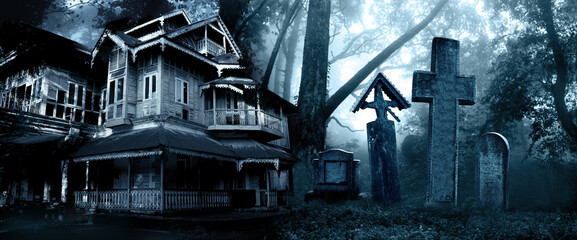 Horizontal Halloween banner with haunted house and medieval stone cross, tombstones in a cemetery in foggy forest