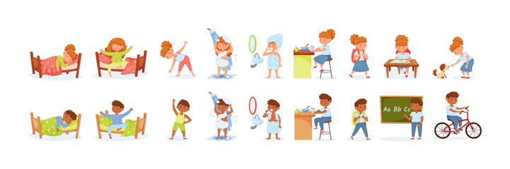 Kids daily routine. Girl and boy having different activities. Children waking up, doing physical exercising, having shower. Characters brushing teeth, eating breakfast, studying at school vector set