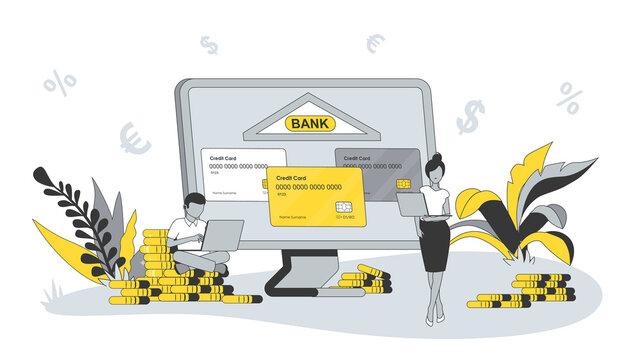 Banking concept in flat design with people. Man and woman use financial account and credit cards at page, manage balance and accumulate savings. Illustration with character scene for web banner