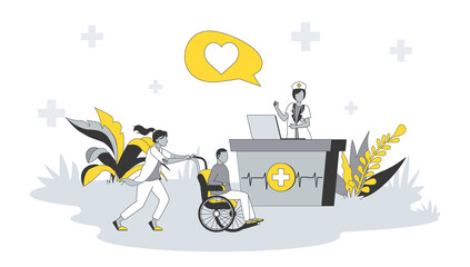 Clinic center concept in flat design with people. Nurse works at reception, assistant helps person with disability in wheelchair with recovery. Illustration with character scene for web banner